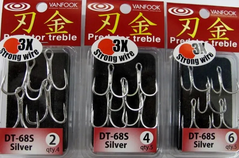 Тройни куки VANFOOK TREBLE DT - 68S, 3X Strong Wire, Silver, Pack of 2, 4, and 6 hooks.