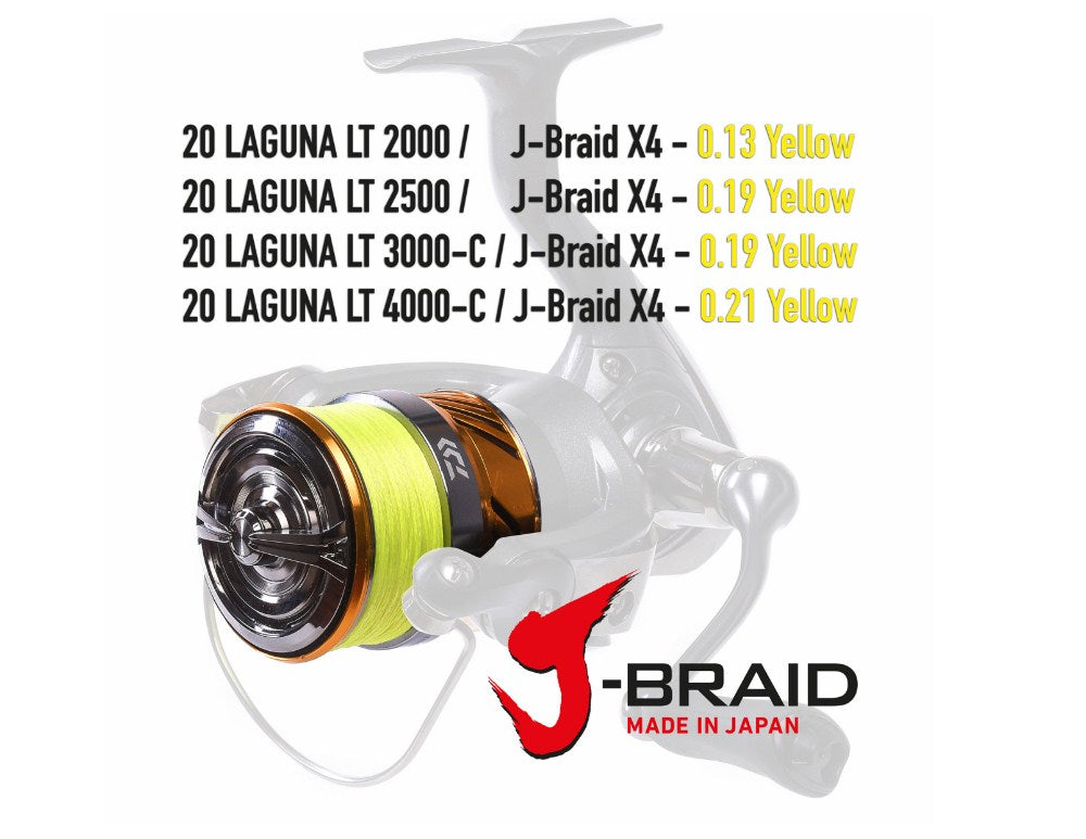 Макара с преден аванс DAIWA 20 LAGUNA+J-BRAID X4 YELLOW с различни размери и диаметри на жицата.
