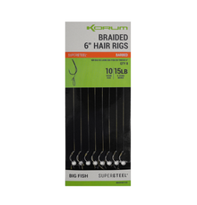 Вързани куки без контра на косъм KORUM Big Fish Braided Hair Rigs, опаковка с 8 броя, дължина 15 см, тест 15 lb.