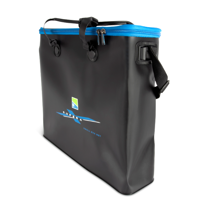 Чанта за живарник PRESTON Supera X Small Eva Net Bag with blue zipper and robust design.