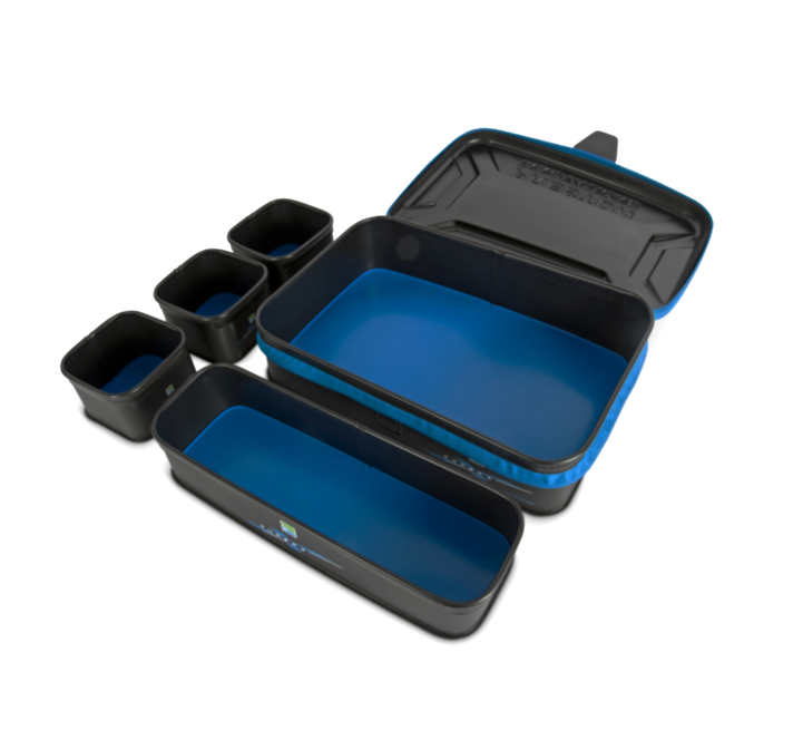 Кутия за стръв PRESTON Supera X Eva System with multiple compartments and a blue interior.