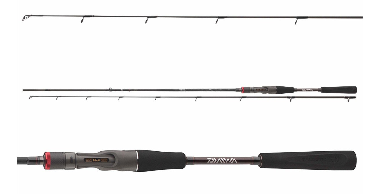 Бейткастинг спининг въдица DAIWA 23 BALLISTIC X BAITCAST 2.10m/7-21gr, показваща детайли от дизайна и конструкцията.