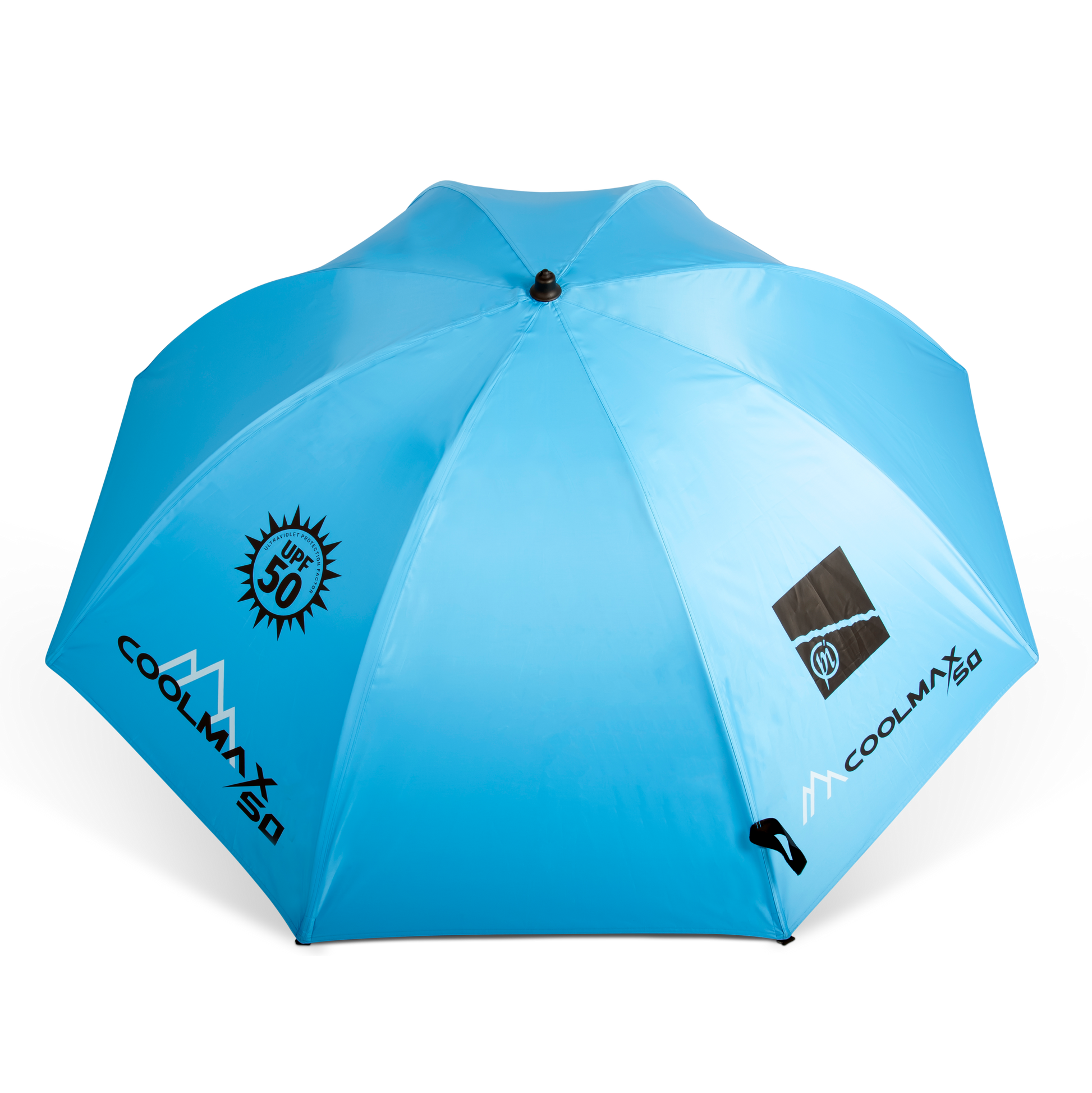 Чадър PRESTON COOLMAX 50" BROLLY in vibrant blue color with UPF 50 protection logo.