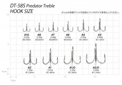 Тройни куки VANFOOK TREBLE DT-58S размери и тегла на куки, включително #10 до #2 и 1/0.