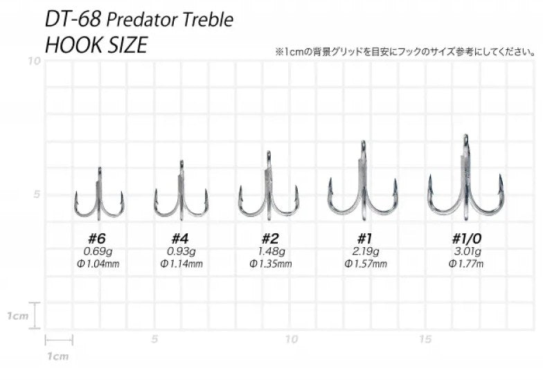 Тройни куки VANFOOK TREBLE DT - 68S размери и тежести на куки, които демонстрират качеството и разнообразието на продукта.