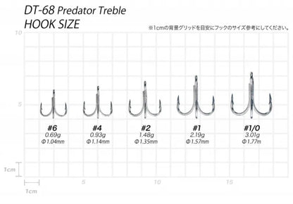 Тройни куки VANFOOK TREBLE DT - 68S размери и тежести на куки, които демонстрират качеството и разнообразието на продукта.