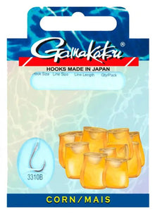 Вързани куки GAMAKATSU CORN 3310B - опаковка с цветни куки за риболов, подходящи за царевица и пелети.