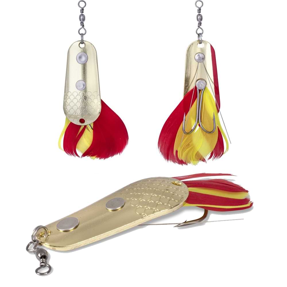 Клатушка ZEBCO Trophy Z-Weedless Ace - 5.2cm/22gr в златисто-червен и жълт цвят, предназначена за риболов на щука.