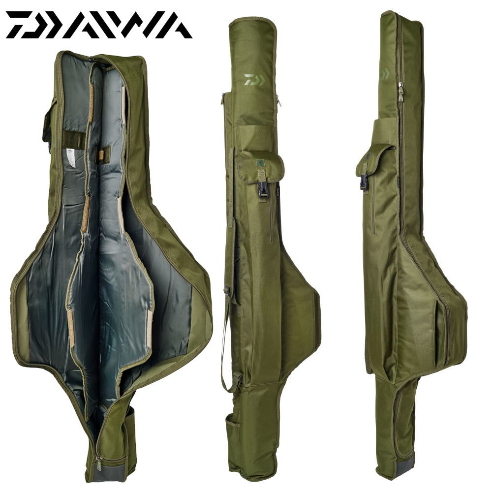 Шаранджийски калъф Daiwa '23 BLACK WIDOW 3 ROD HOLDALL 13FT in green, showcasing its spacious interior and padded protection.