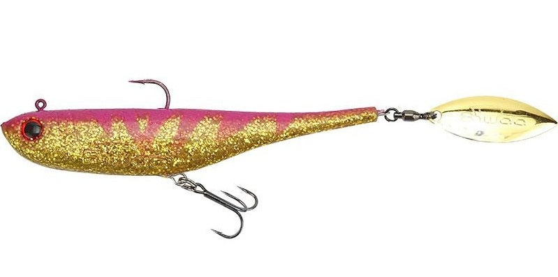 BIWAA DIVINATOR JUNIOR SWIMBAIT - 14.0cm/22.0gr, Gold Pink color with glitter, fishing lure for anglers.