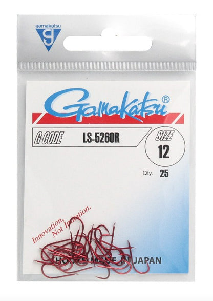 Куки GAMAKATSU LS 5260R - RED, опаковка с размер 12, количество 25 броя, идеални за риболов.