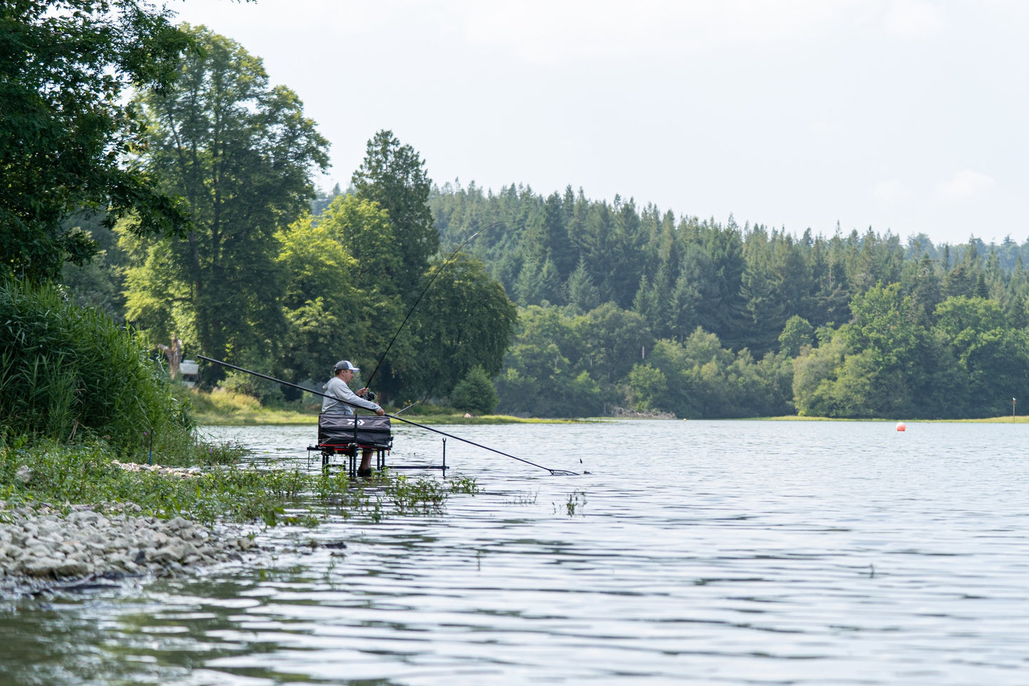 Дръжка за кеп DAIWA 25 AIR LANDING NET HANDLE 4.50m - риболовец на брега на водоем, риболовна сесия на природа.