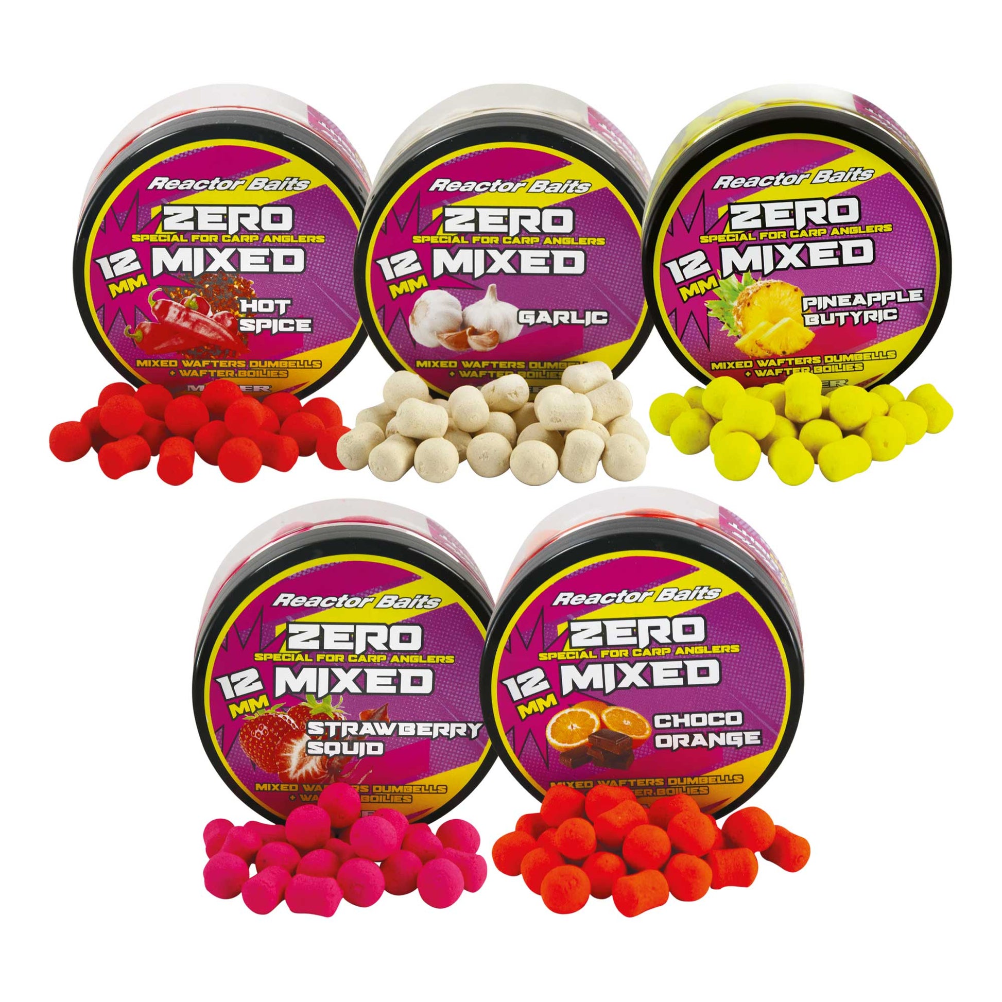 Топчета MAVER Zero Mixed - 12mm in various flavors and colors for carp fishing enthusiasts.