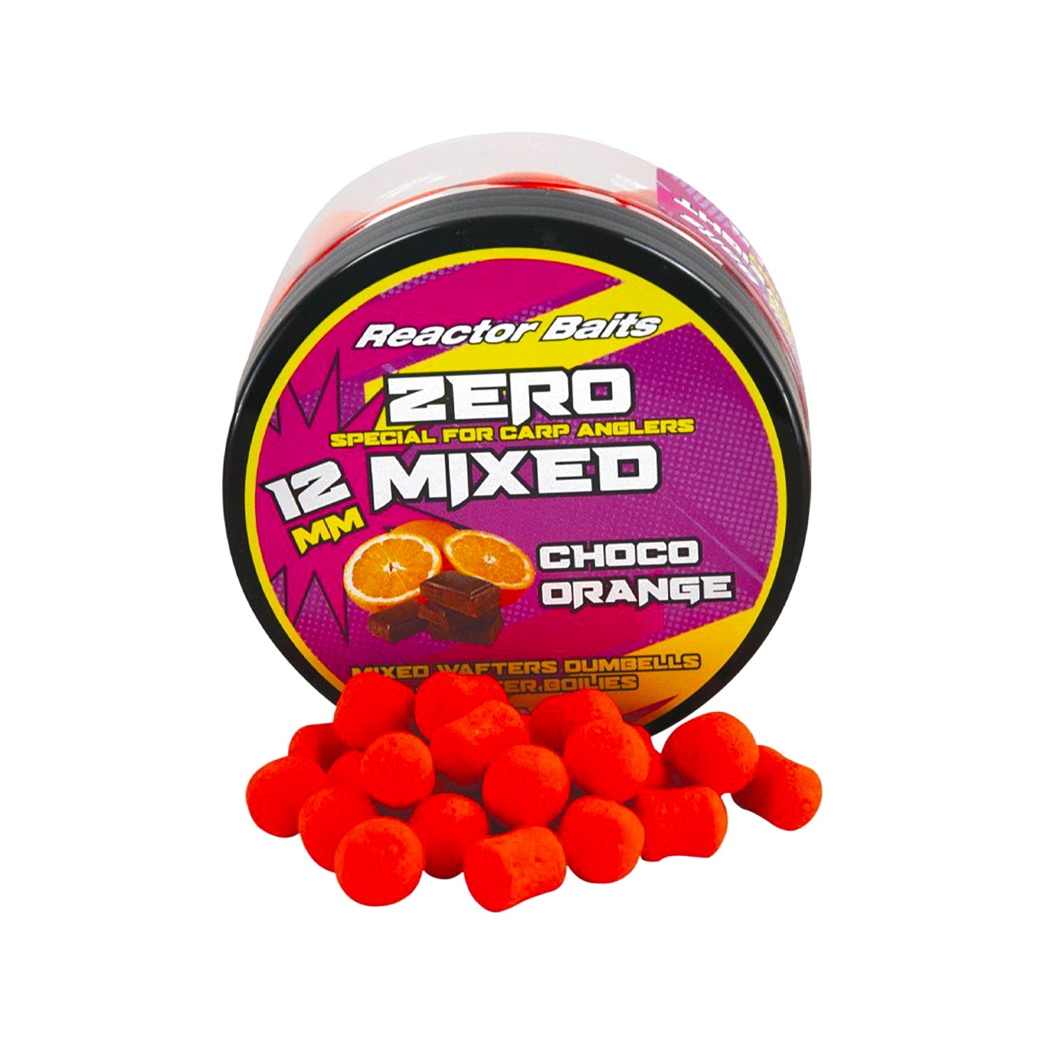 Топчета MAVER Zero Mixed - 12mm in chocolate orange flavor displayed in a container with bright red baits.