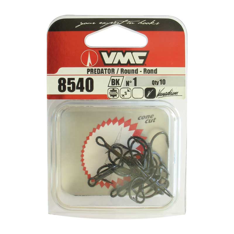 Тройни куки VMC 8540 BK Vanadium Round Treble - 10бр. в пакет, изработени от Vanadium стомана, идеални за риболов.