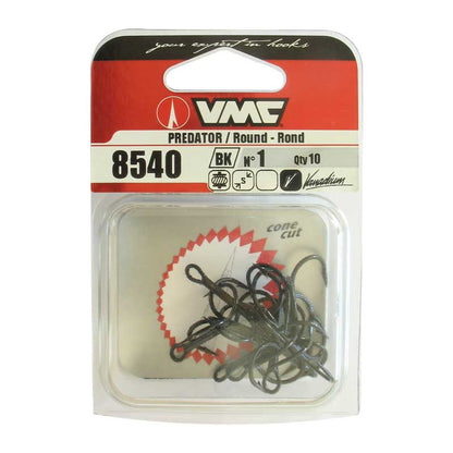Тройни куки VMC 8540 BK Vanadium Round Treble - 10бр. в пакет, изработени от Vanadium стомана, идеални за риболов.