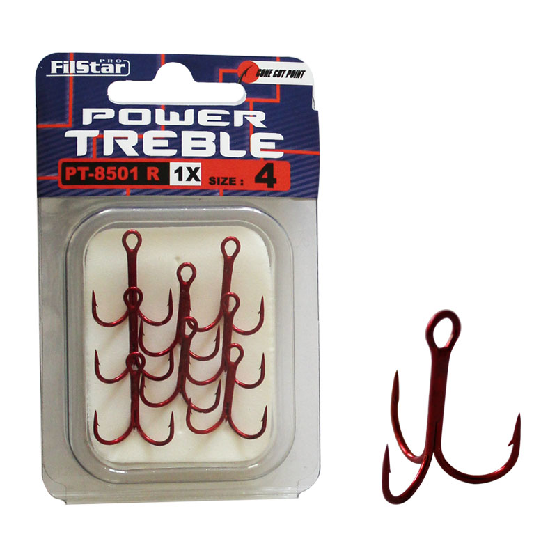 Тройни куки FILSTAR Power Treble PT-8501R-1X с червени куки и острия дизайн, опаковани в прозрачна кутия.