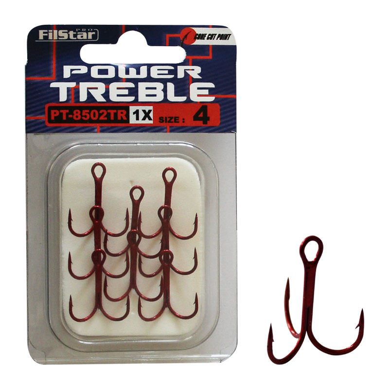 Тройни куки FILSTAR Power Treble PT-8502TR-1X в цвят Tin Red, размер 4, много остри и здрави.