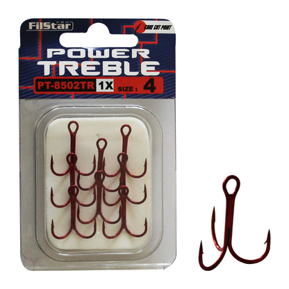 Тройни куки FILSTAR Power Treble PT-8502TR-1X в цвят Tin Red, размер 4, много остри и здрави.
