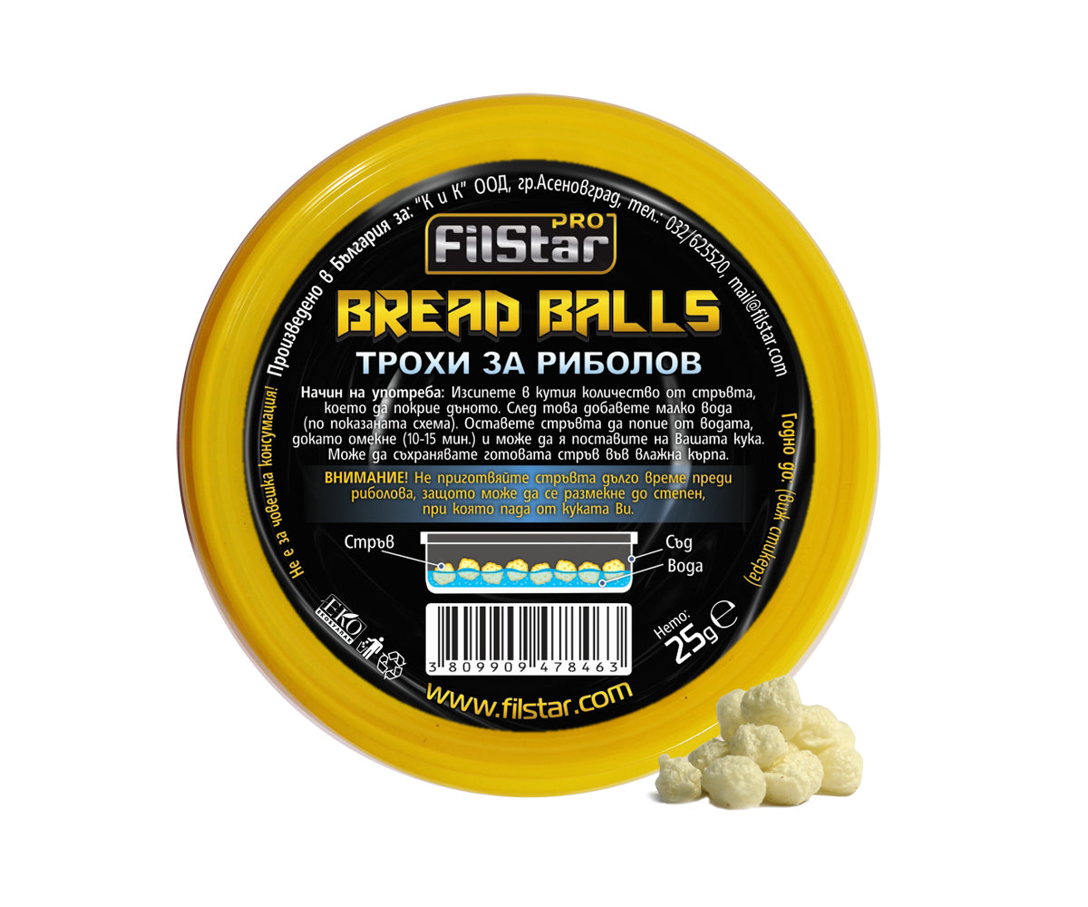 Трохи за риболов FILSTAR Bread Balls - 25g в жълта опаковка с инструкции и стръв.