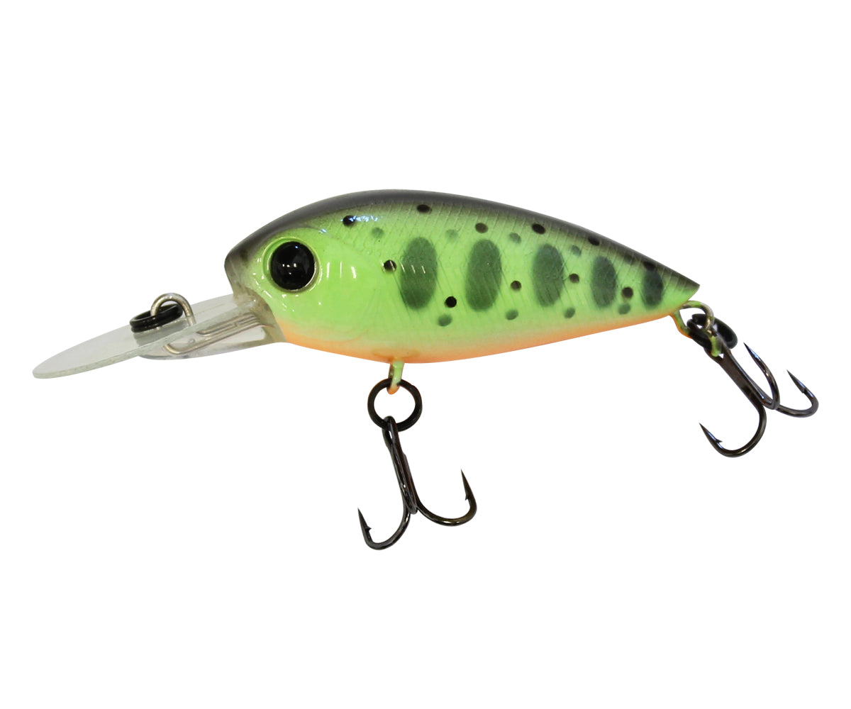 Воблер Sea Buzz Sparky Crank F-MR 4cm/3.3gr в зелено с черни точки и две тройни куки на бяло фоново