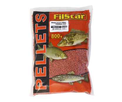 Микро пелети FILSTAR - 2.5mm / 800g във пакет, идеални за фидер риболов с риба на опаковката.