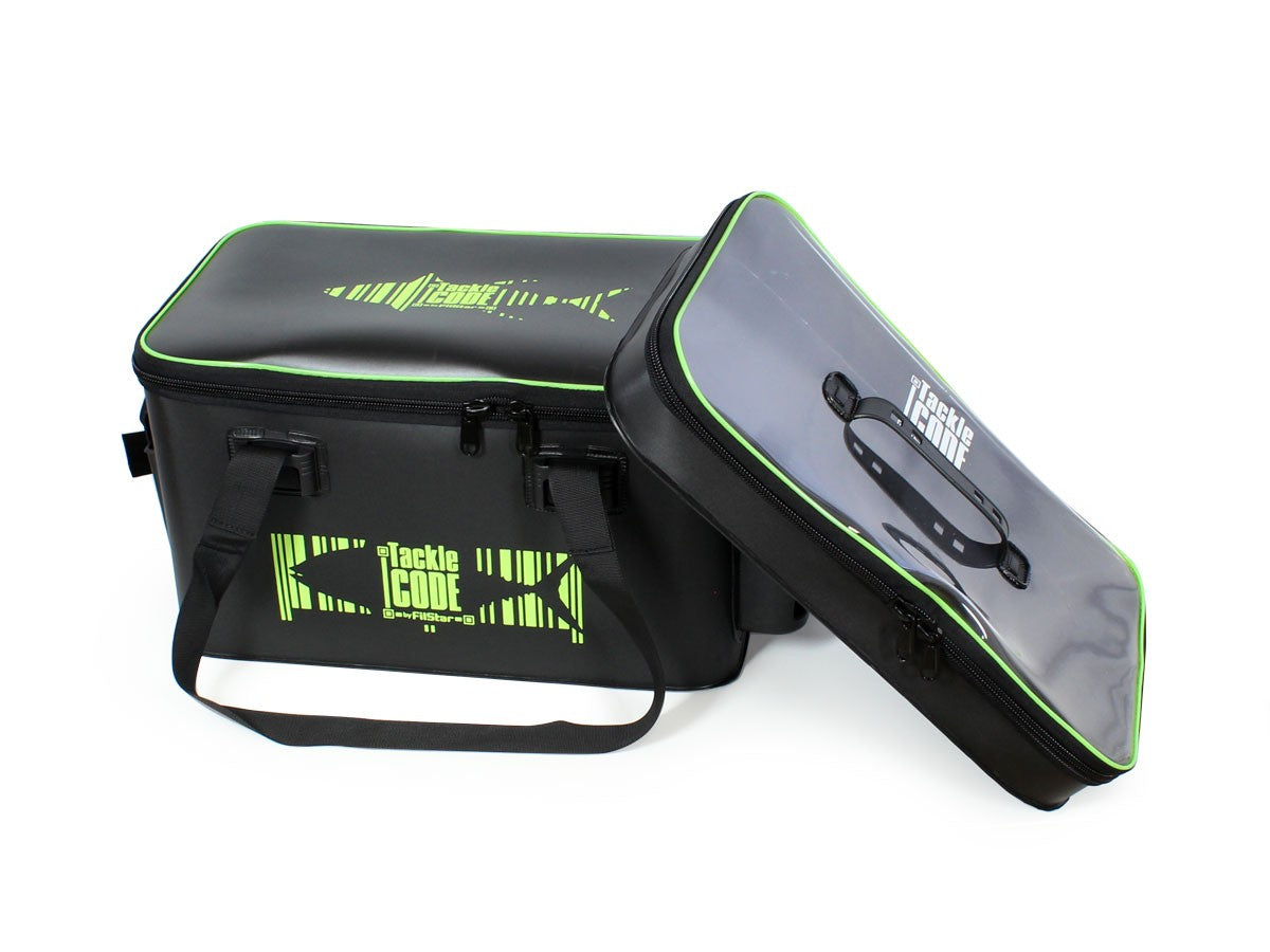 Водоустойчива чанта FilStar Tackle Code EVA Safe 45, черна с прозрачен капак и удобни дръжки.
