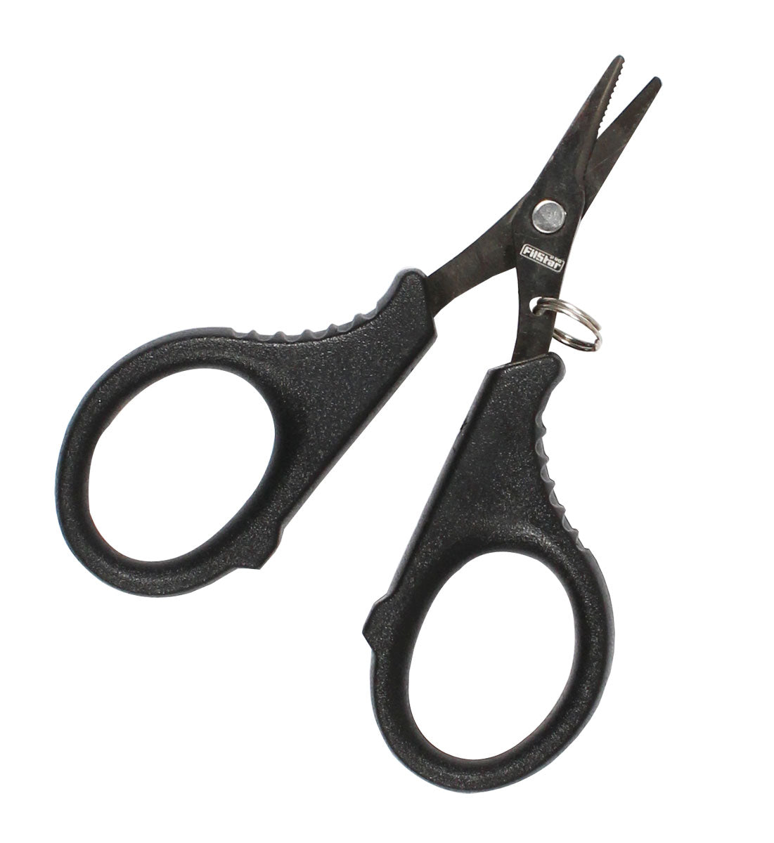 Ножица за плетено влакно FILSTAR Braid Scissors с черна дръжка и назъбен ръб за рязане.
