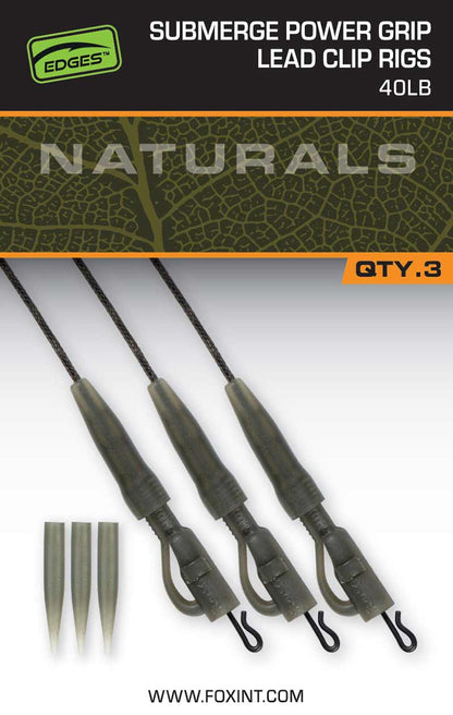 Монтаж Fox Naturals Submerge Power Grip Lead Clip Leaders с 3 конзоли в тъмнозелен цвят.