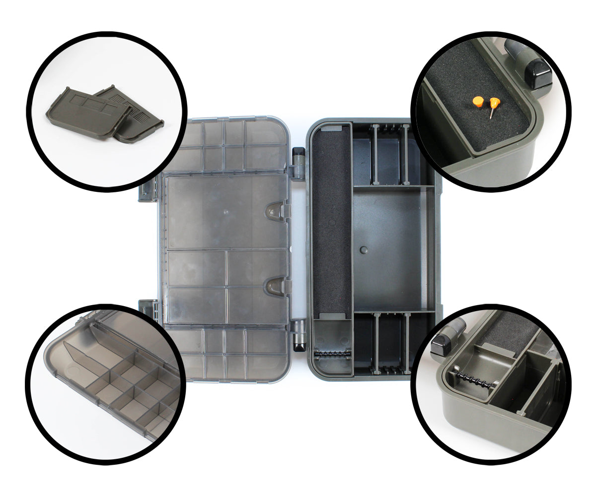 Кутия FILSTAR FCB-S01 with various compartments and accessories for organizing fishing tackle.