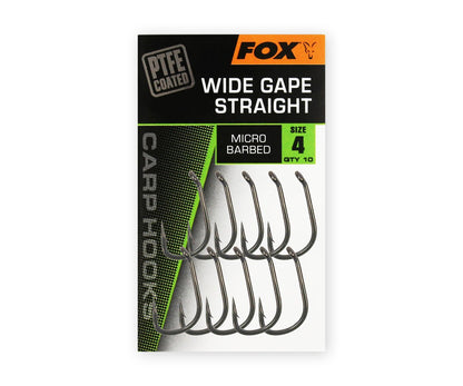 Куки Fox Wide Gape Straight – опаковка с 10 броя, размер 4, микрочерни, PTFE покритие.