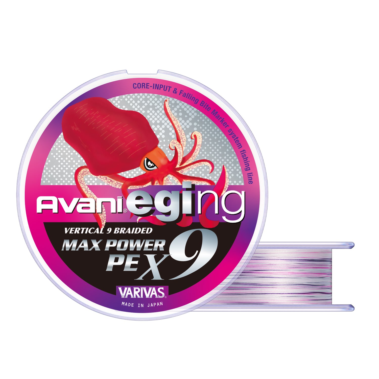 Плетено влакно VARIVAS Avani Eging Max Power PE X9 - 150m on a spool with squid graphics.