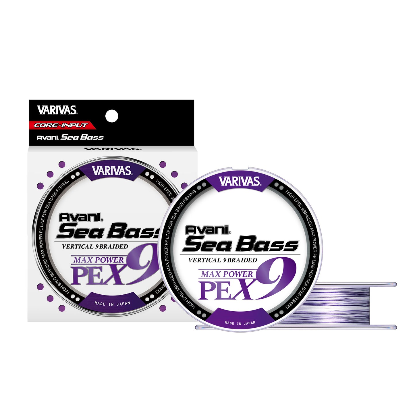 Плетено влакно VARIVAS Avani Sea Bass [Max Power PE] X9 - 150m, изображение упаковки и катушки с плетеным влакном.