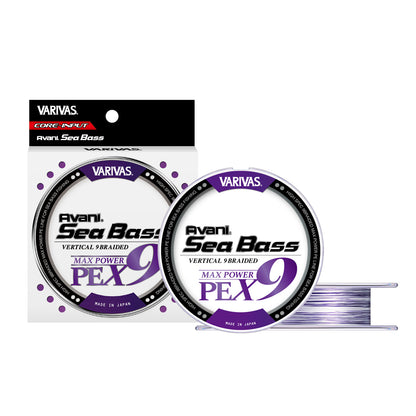 Плетено влакно VARIVAS Avani Sea Bass [Max Power PE] X9 - 150m, изображение упаковки и катушки с плетеным влакном.
