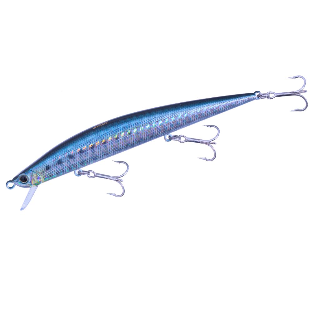 Воблер Duo Tide Minnow Slim 120 - 12.0cm/13.0gr - Floating in blue color with silver hooks, model #AHA0011.