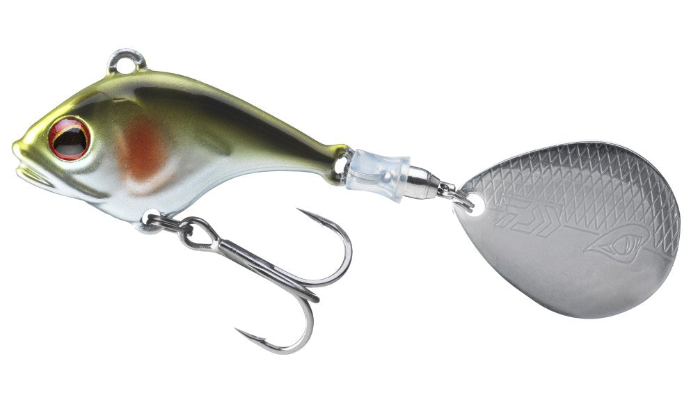 Тейлспинър DAIWA PROREX TG JIG SPINNER - 14gr с оранжева и зелена окраска и въртяща лопатка за риболов на костур и щука.