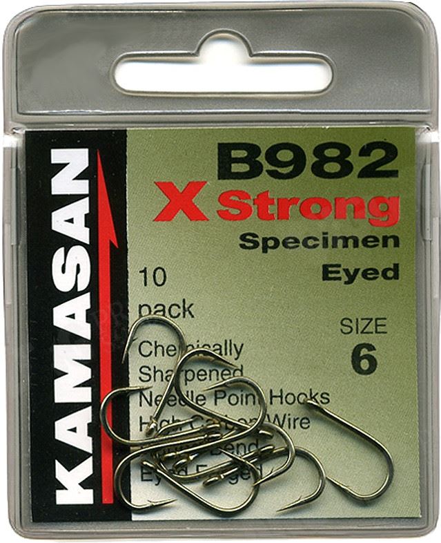 Куки Kamasan B982 X Strong, 10-pack, химически заточени, за риболов на едри риби, размер 6, произведени в Япония.