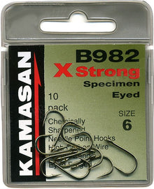 Куки Kamasan B982 X Strong, 10-pack, химически заточени, за риболов на едри риби, размер 6, произведени в Япония.