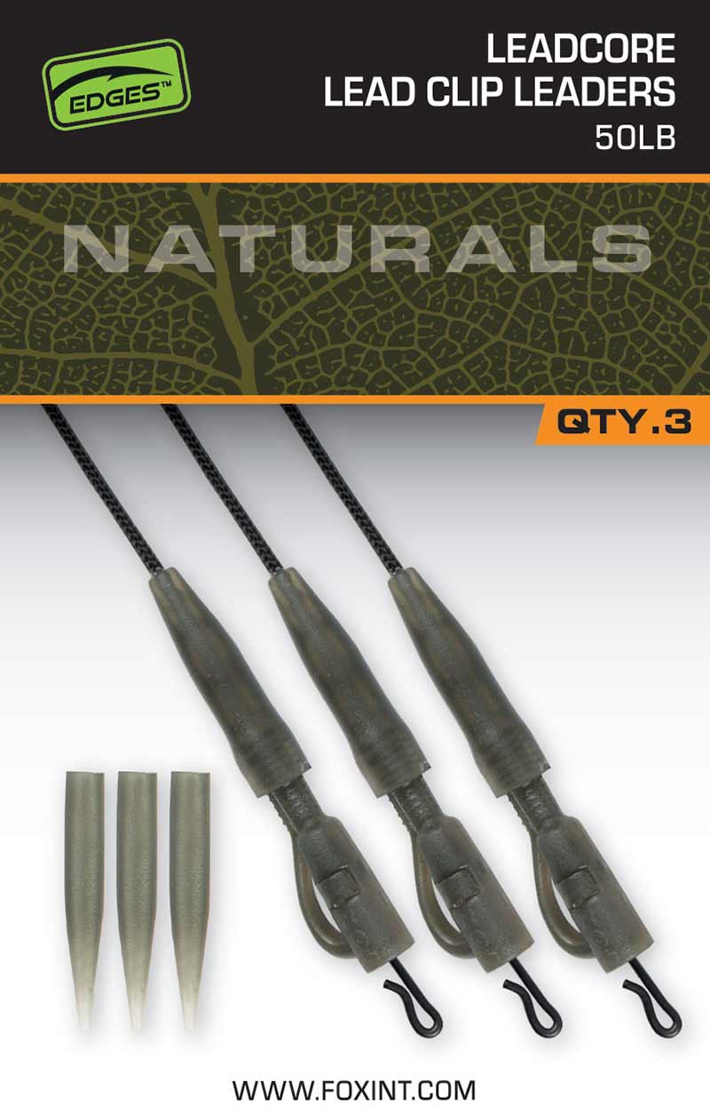 Готов монтаж FOX EDGES™ Naturals Leadcore Power Grip Lead Clip Leaders с 50lb издръжливост, комплект от 3 броя.