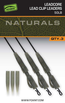 Готов монтаж FOX EDGES™ Naturals Leadcore Power Grip Lead Clip Leaders с 50lb издръжливост, комплект от 3 броя.