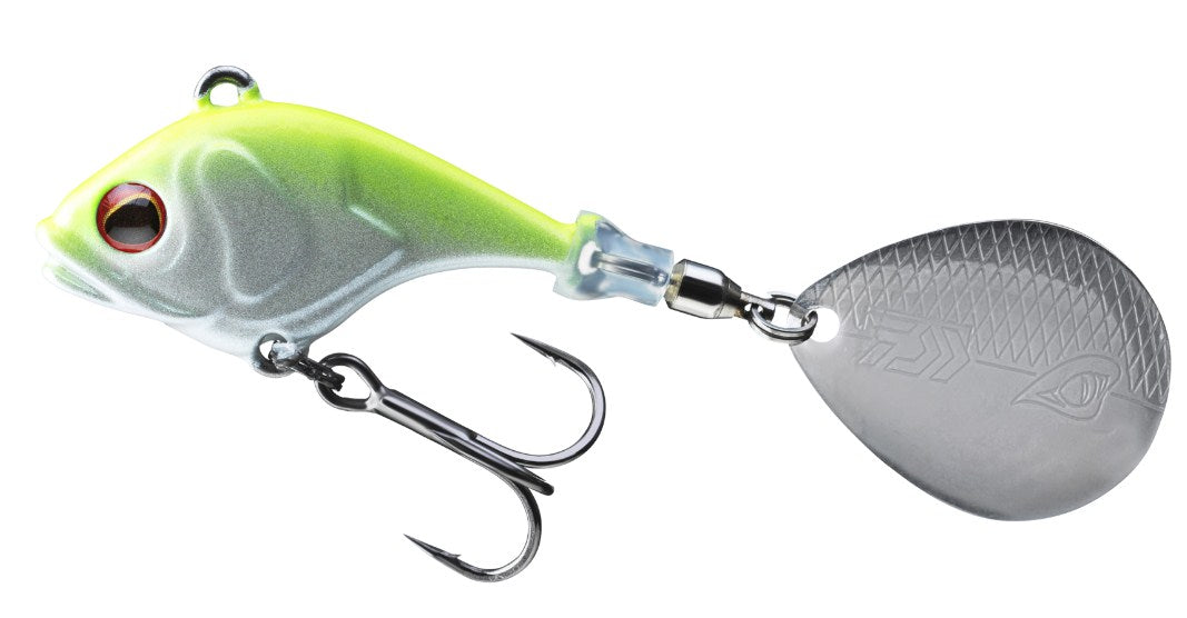 Тейлспинър DAIWA PROREX TG JIG SPINNER - 14gr с жълто-зелен цвят и въртяща лопатка за риболов.