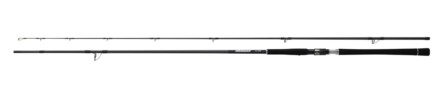 Спининг въдици за shore jigging риболов DAIWA Dragger SX в черен цвят, демонстрирани в разгънато състояние.