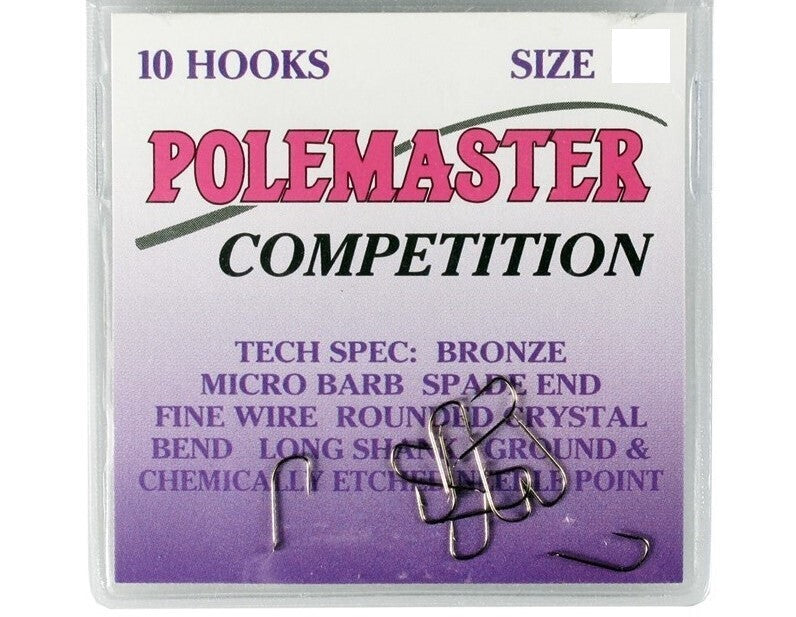 Куки DRENNAN Polemaster Competition Hooks в опаковка с информация за спецификации и размер.