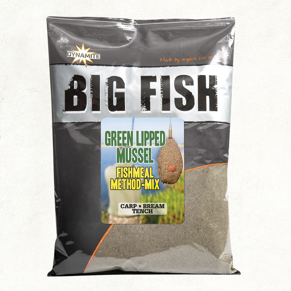 Захранка Dynamite Baits Big Fish Green Lipped Mussel Method Mix - 1.8кг в опаковка с изображение на продукта.
