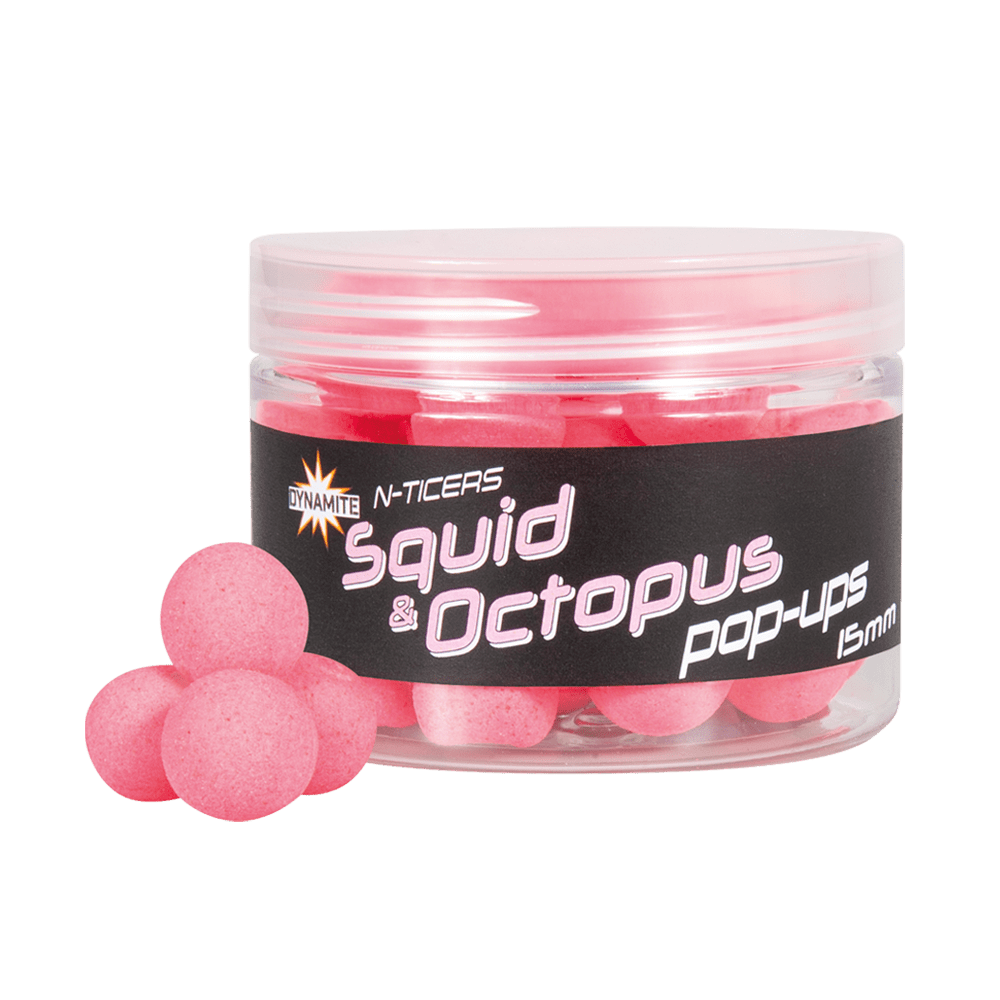Плуващи топчета Dynamite Baits N-Ticers Pop-Ups - 12mm в розова опаковка с аромат на калмари и октопод.