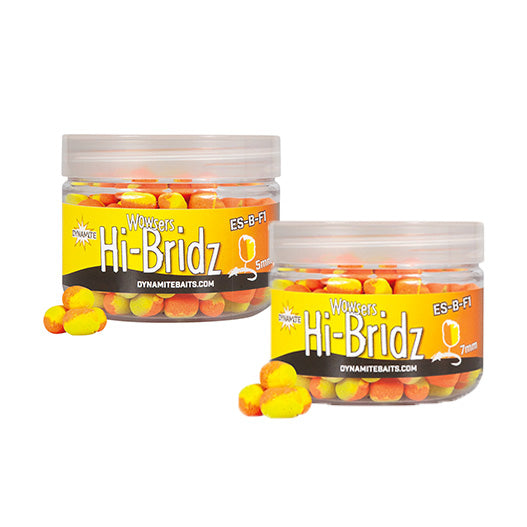 Дъмбели Dynamite Baits Wowsers Hi-Bridz Wafters ES-B-F1 Yellow & Orange - 5/7mm in transparent jars, showcasing vibrant colors.