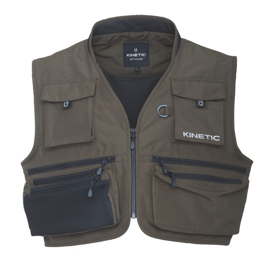 Елек Kinetic Strider Vest Olive с многобройни джобове и водоотблъскващо покритие.