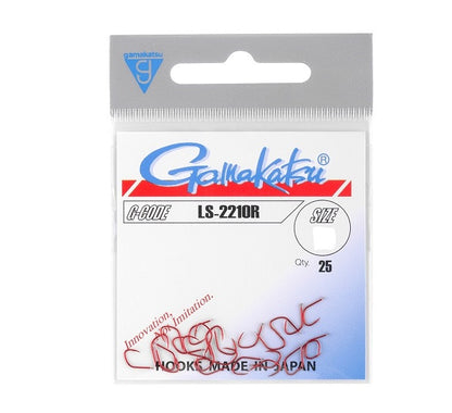 Куки GAMAKATSU LS 2210R HOOKS - RED, опаковка с 25 броя, с червени куки, произведени в Япония.