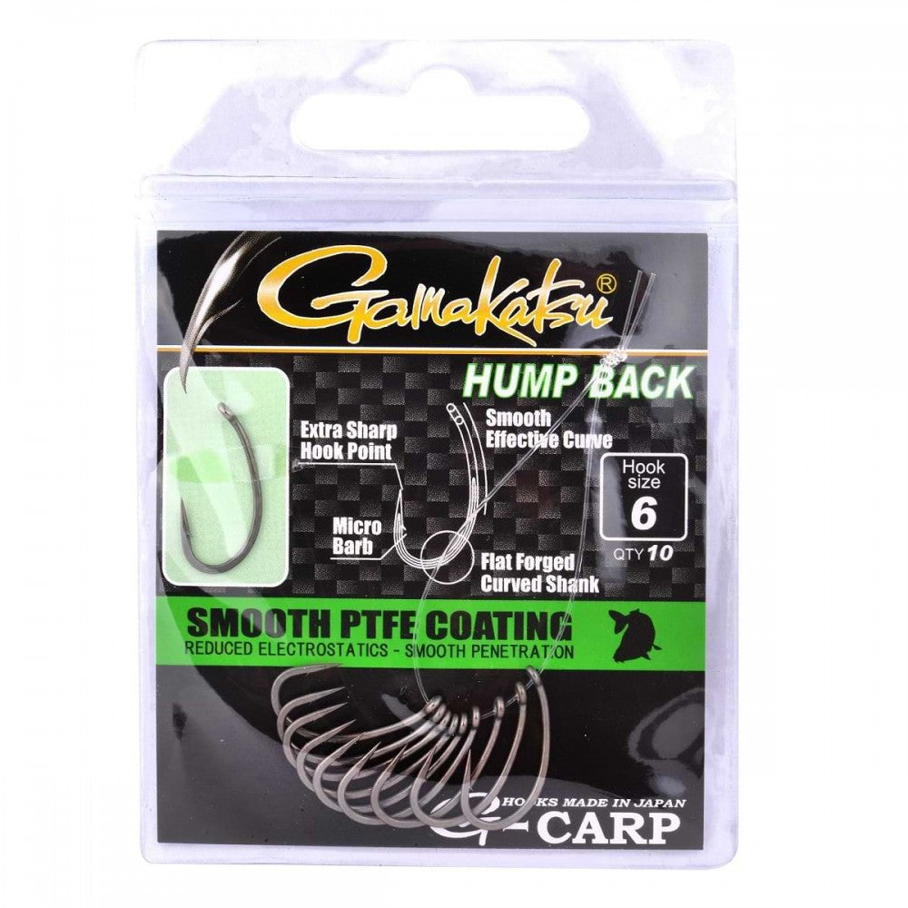 Куки за Carp Fishing GAMAKATSU G-CARP HUMP BACK - GREY опаковка с остри куки и тефлоново покритие.