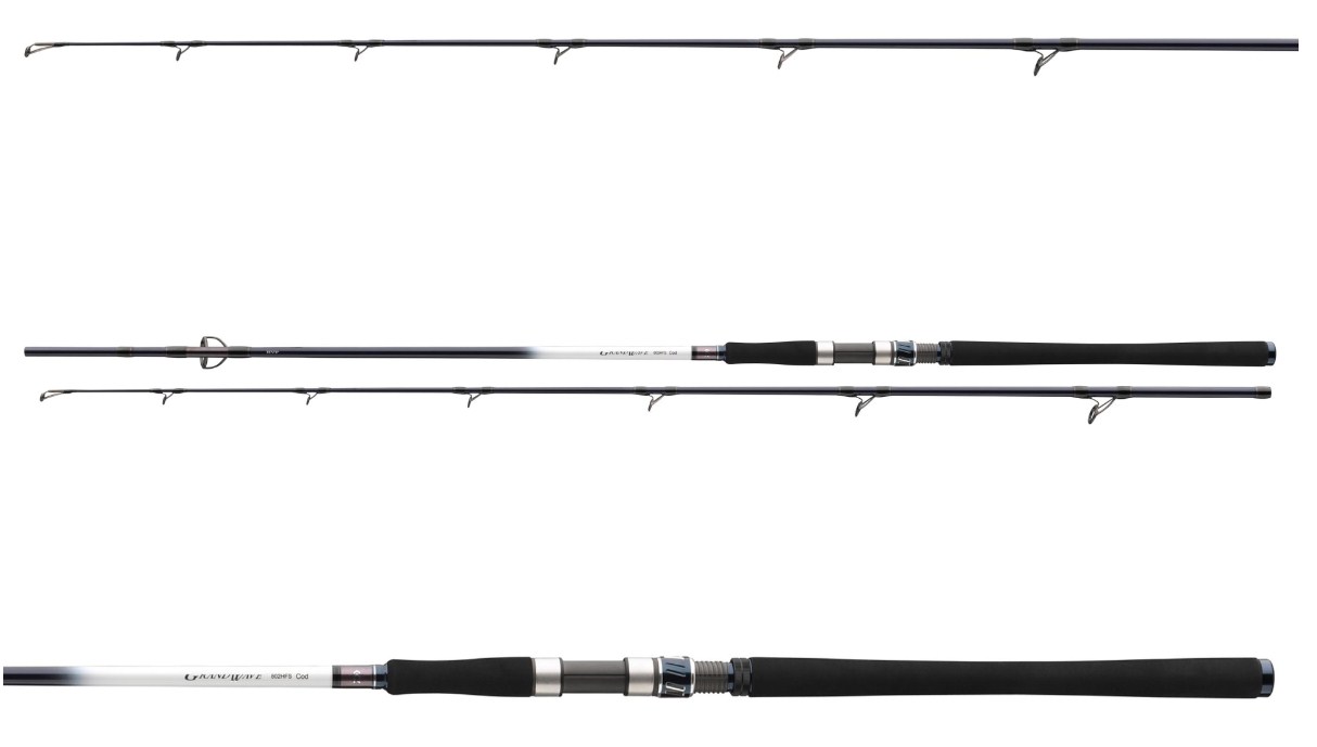Спининг въдица за морски риболов DAIWA GRANDWAVE COD - 2.40m/150-300gr, показваща дизайна и детайли.